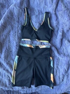 Hurley Black High-Waist Bike Shorts and Sports Bra with Pastel Stripe Accents